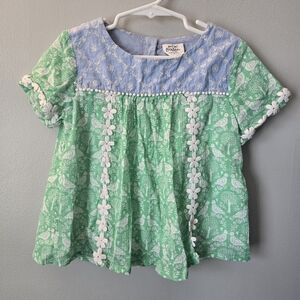 Boden 100% Cotton Eyelet Top Green Blue Bird Floral Shirt Size 6-7Y